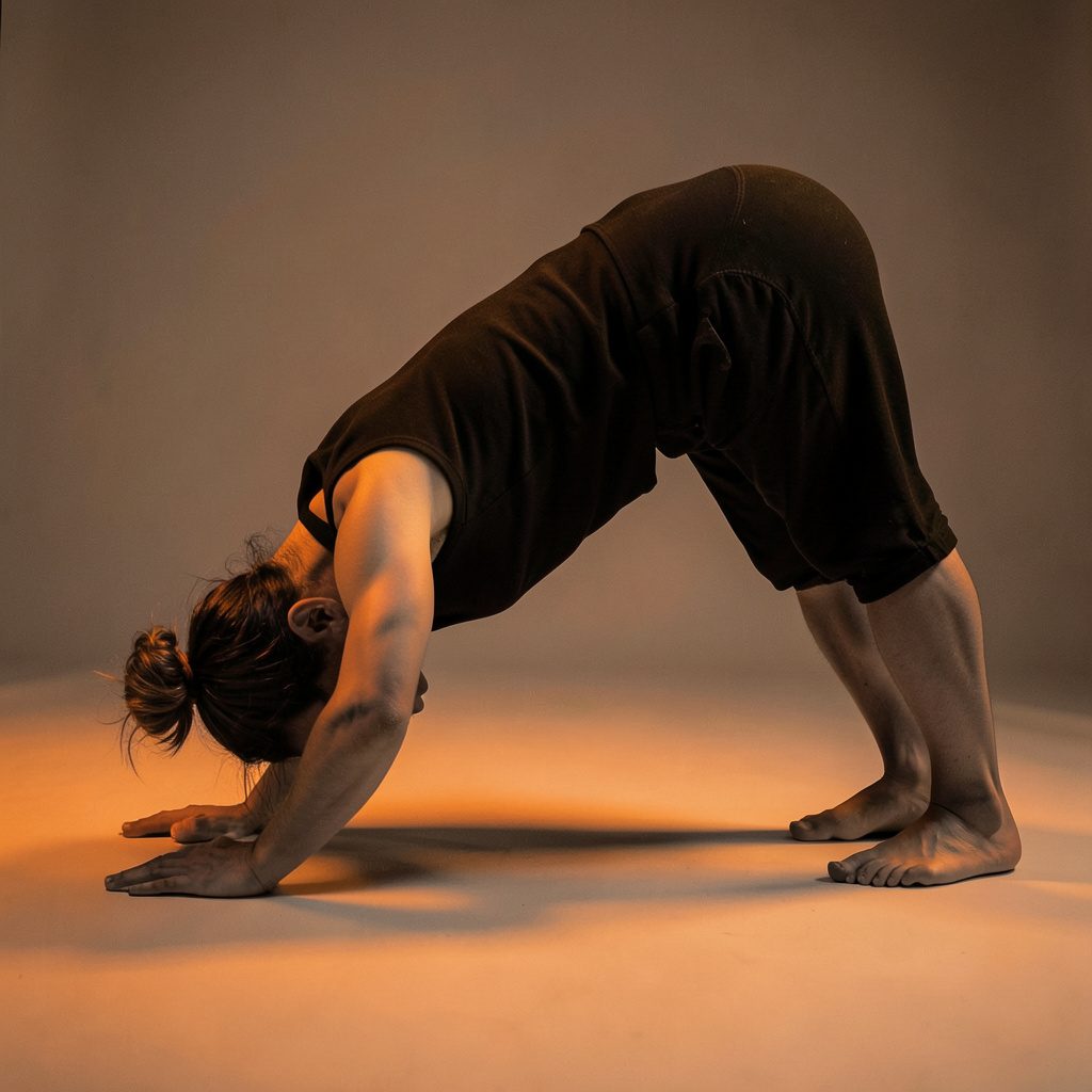 A person in a downward-facing dog yoga pose rendered in a deep blue and soft white duotone, calm and meditative mood