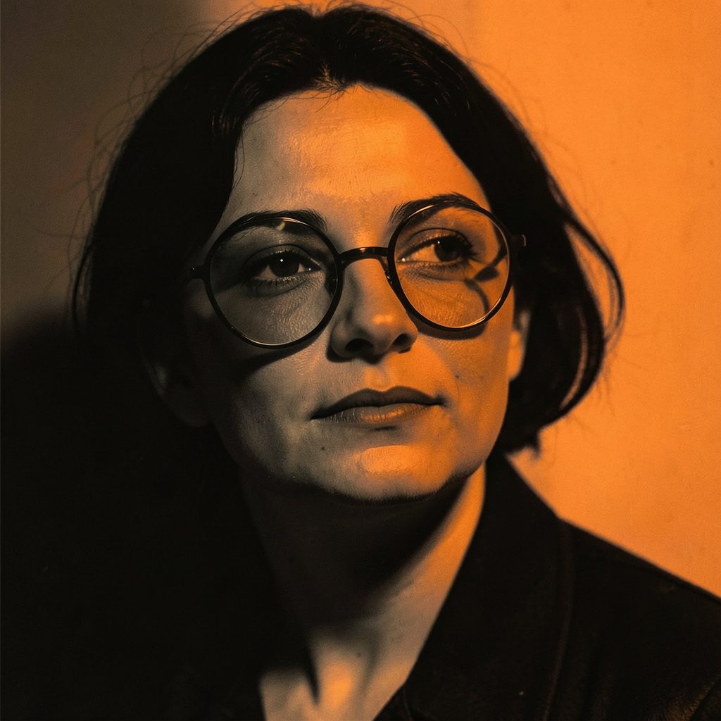 Soft duotone portrait in muted plum and cream tones, calm and approachable mood